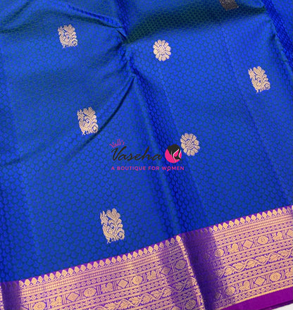 Pure Kanchipuram Bridal Silk Saree - Embossed Design - Peacock Blue With Purple Shade  - VVPS023