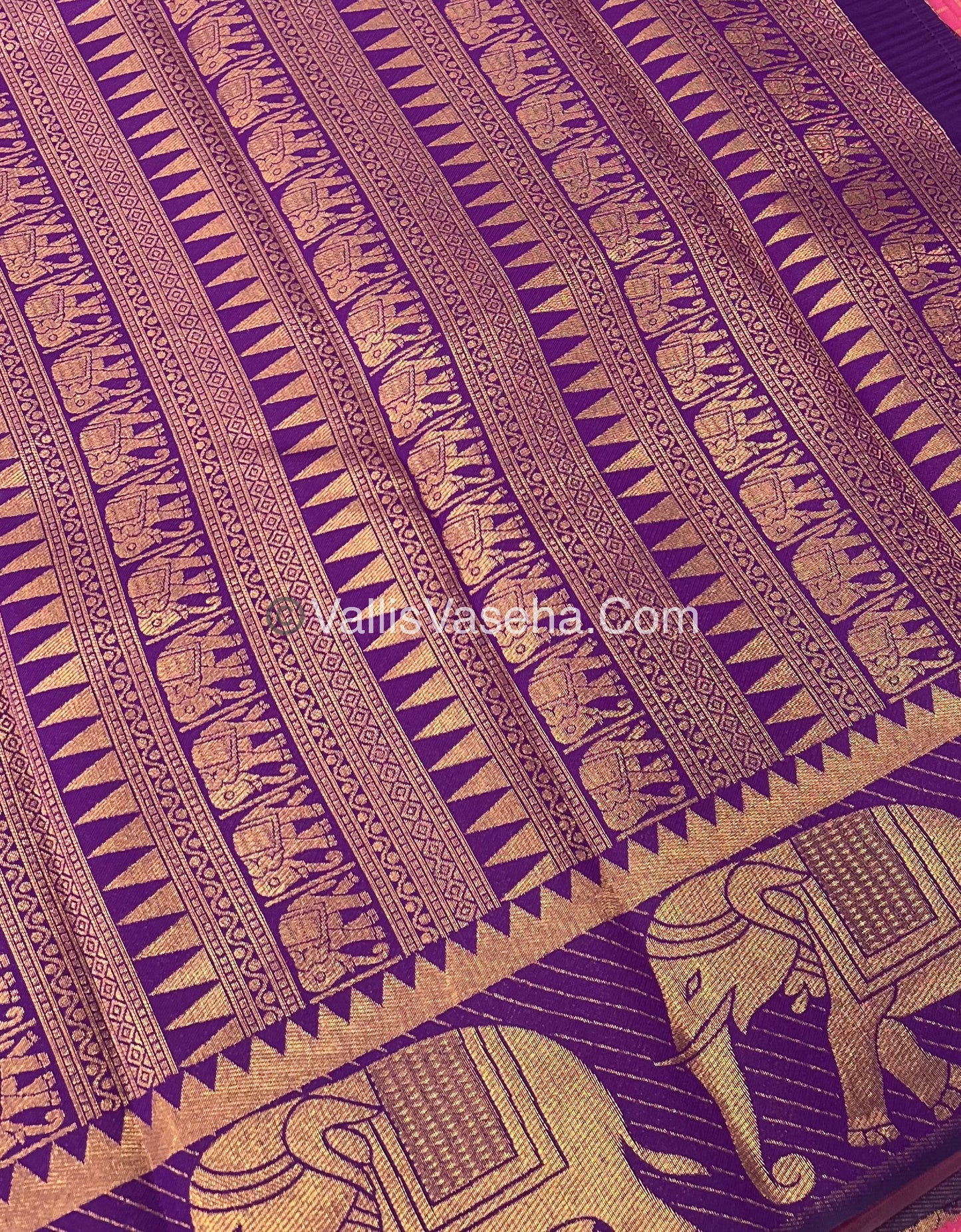 Kanchi Semi Silk - Elephant Border& design - Onion Peachish Pink with Purple - VVSSS005