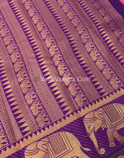 Kanchi Semi Silk - Elephant Border& design - Onion Peachish Pink with Purple - VVSSS005