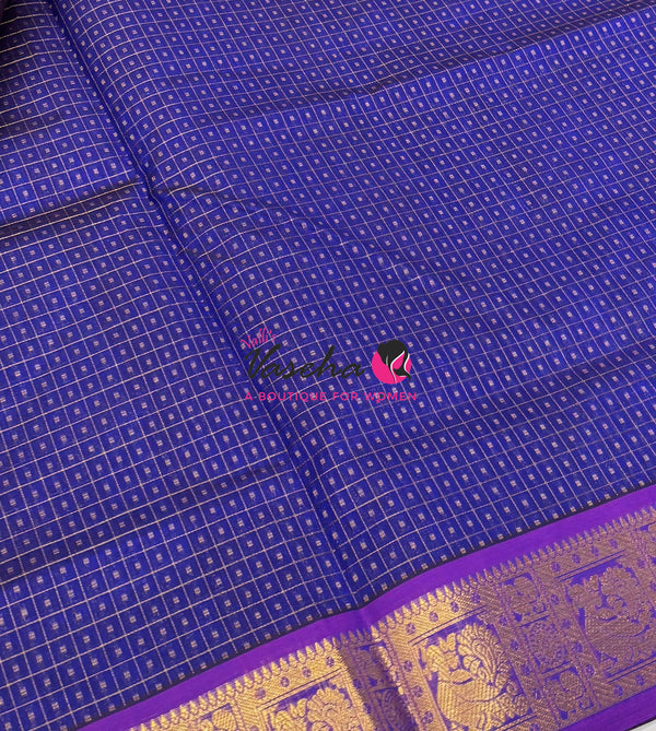 Pure Silk Cotton Saree - Blue With Purple - Lakshadeepam Design - VVPLD004