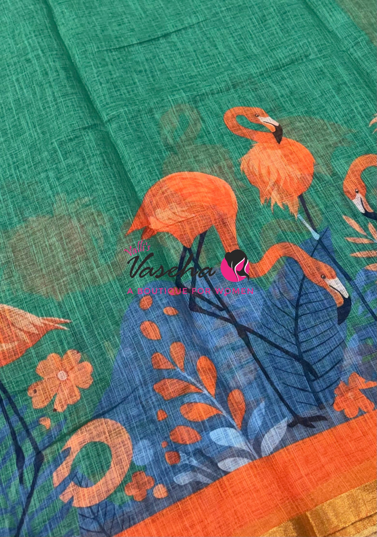 Linen Mixed Cotton Saree - Printed - Green  With Orange Shade - VVLMP002