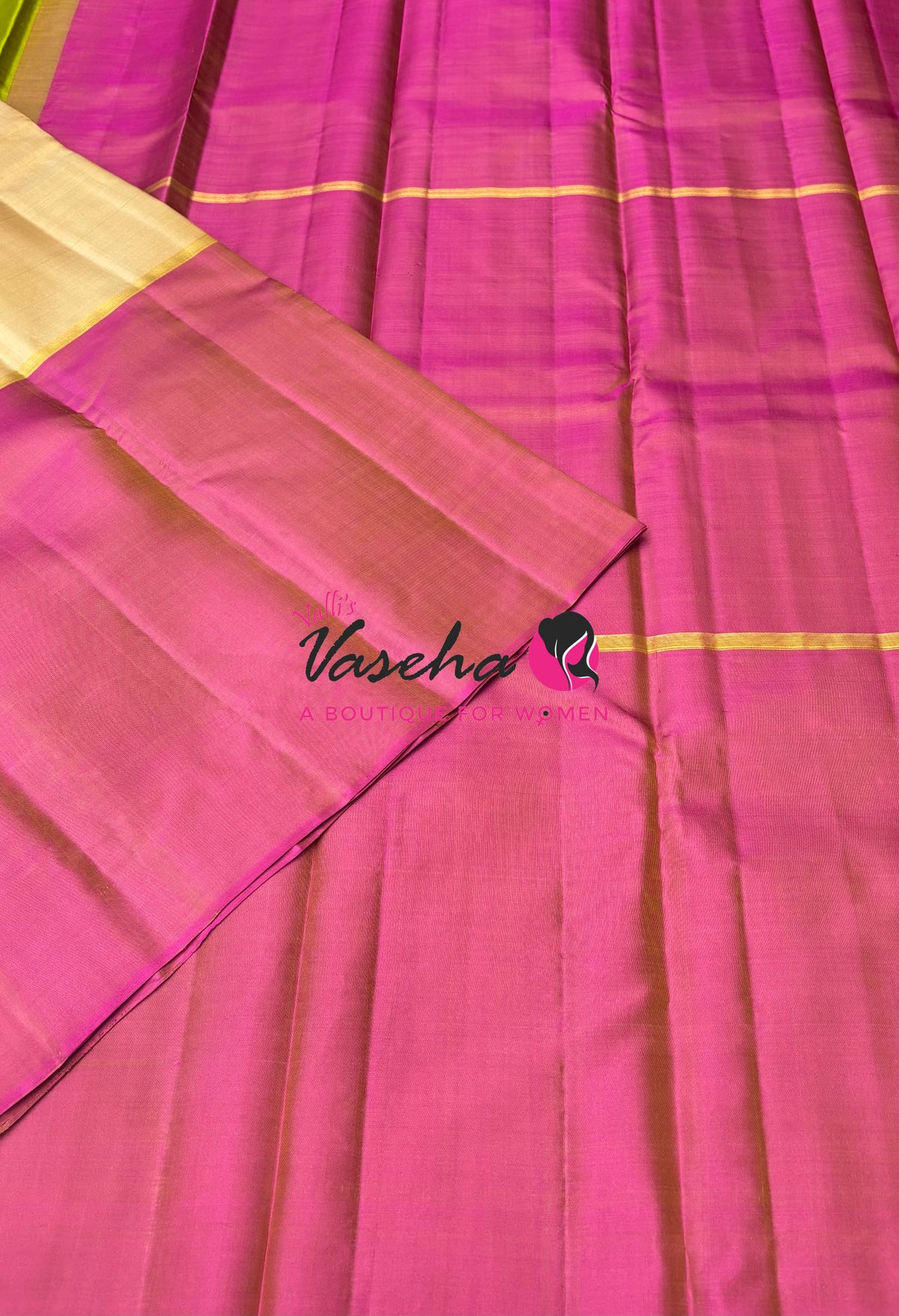 Pure Kanchipuram Silk Saree - Ganga Jamuna Style - Cream With Green/ Pink Combo - VVPS021