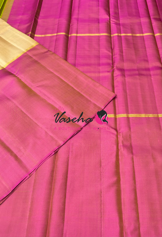 Pure Kanchipuram Silk Saree - Ganga Jamuna Style - Cream With Green/ Pink Combo - VVPS021