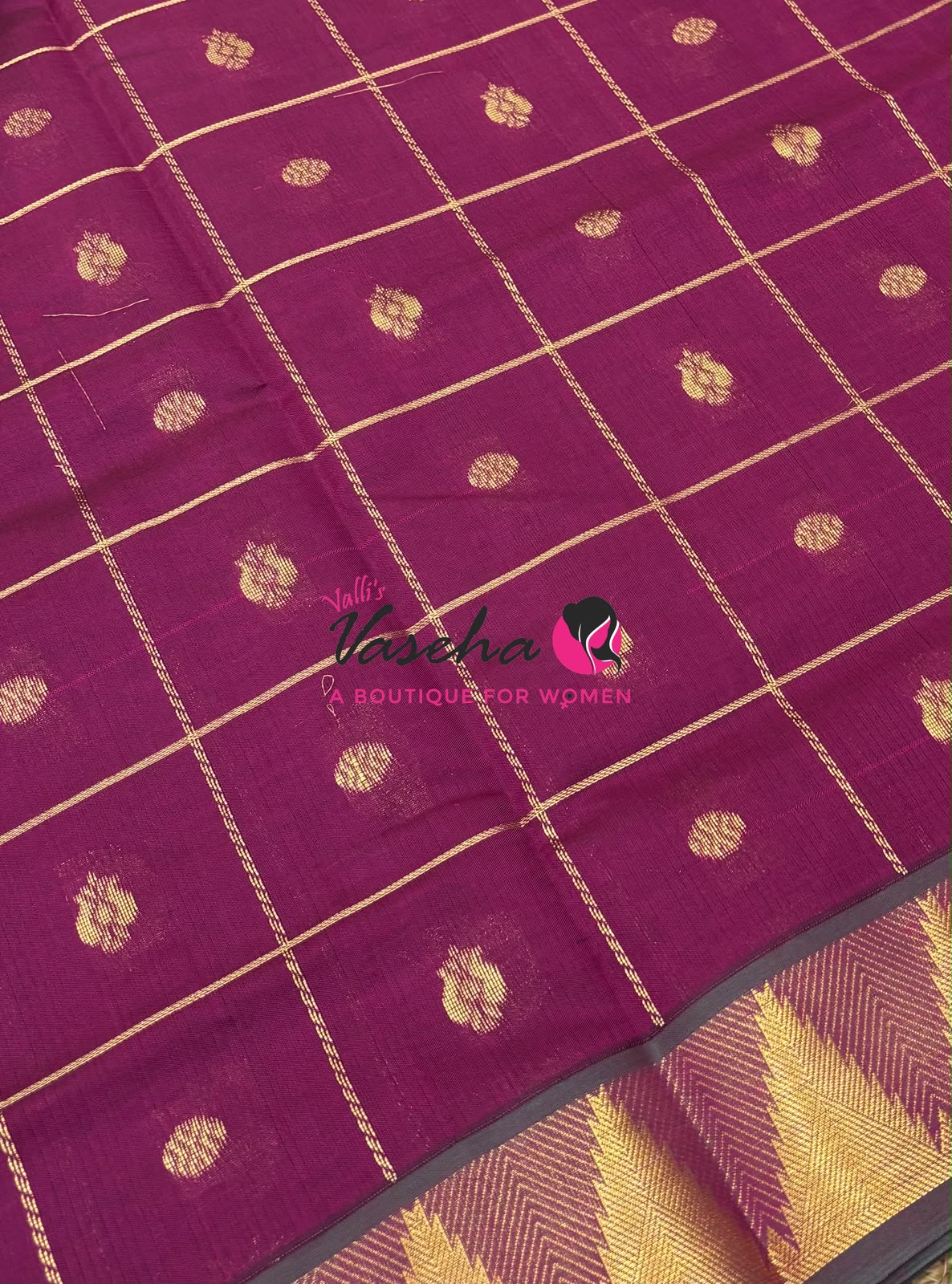 Semi Silk Cotton Saree - Checked Pattern with Butta  - VVSSC012