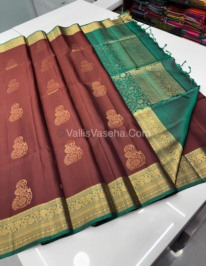 Pure Soft Silk Saree - Kanchi Border - Brown & Green Combo - VVPSS015