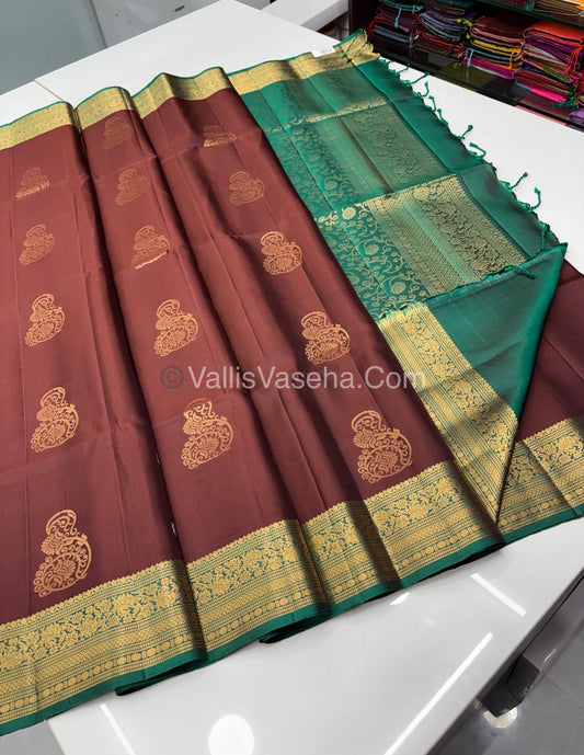 Pure Soft Silk Saree - Kanchi Border - Brown & Green Combo - VVPSS015