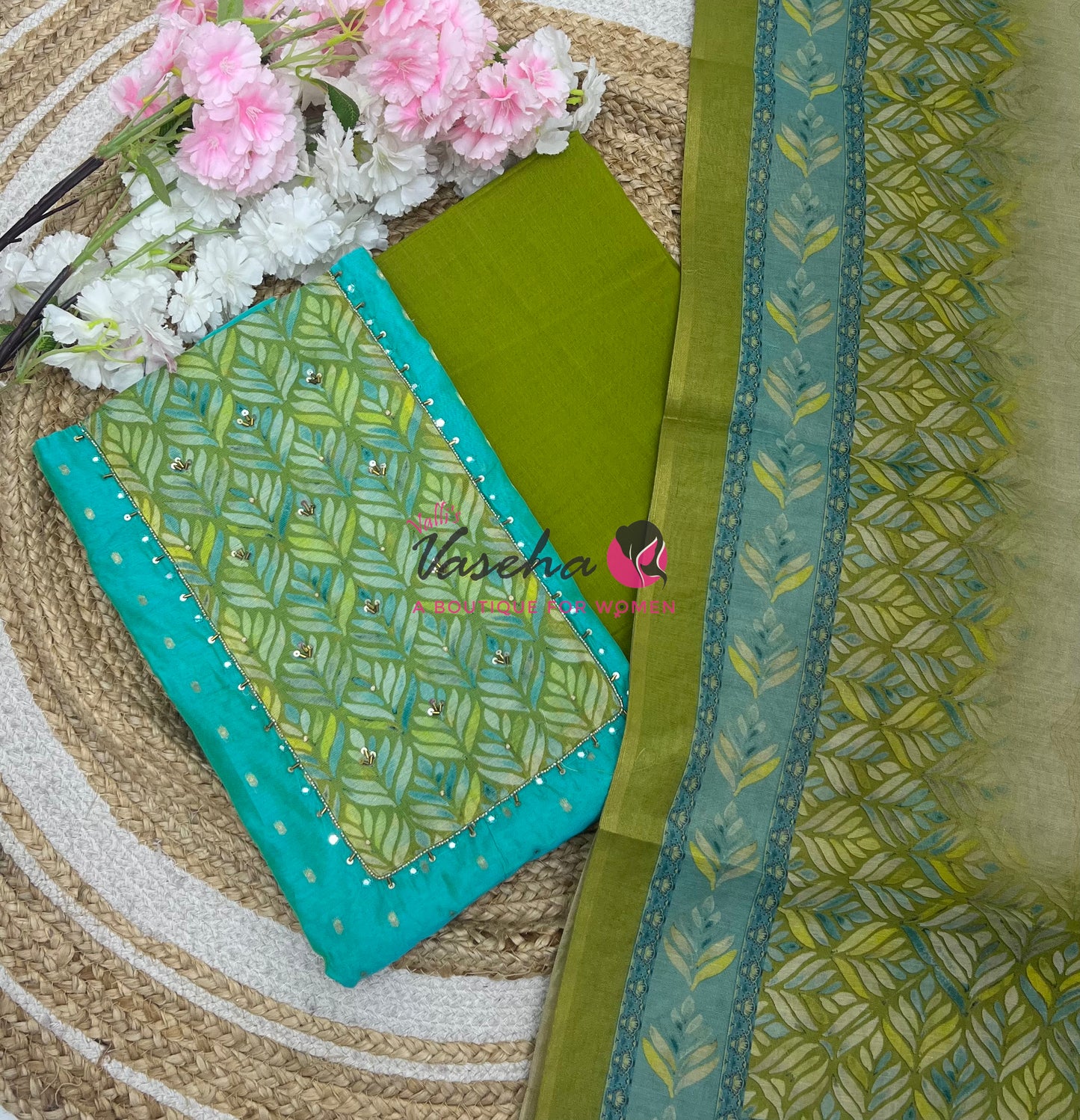 Unstitched Chanderi Salwar Material  | Green | VVUSM039