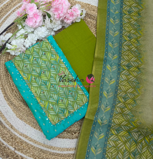 Unstitched Chanderi Salwar Material  | Green | VVUSM039