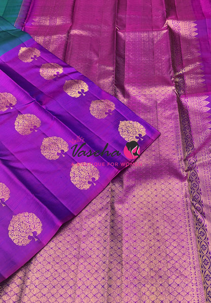 Pure Kanchipuram Silk Saree - Half & Half - Double Tone Peacock Blue with Purplish Pink Shade - VVPS064