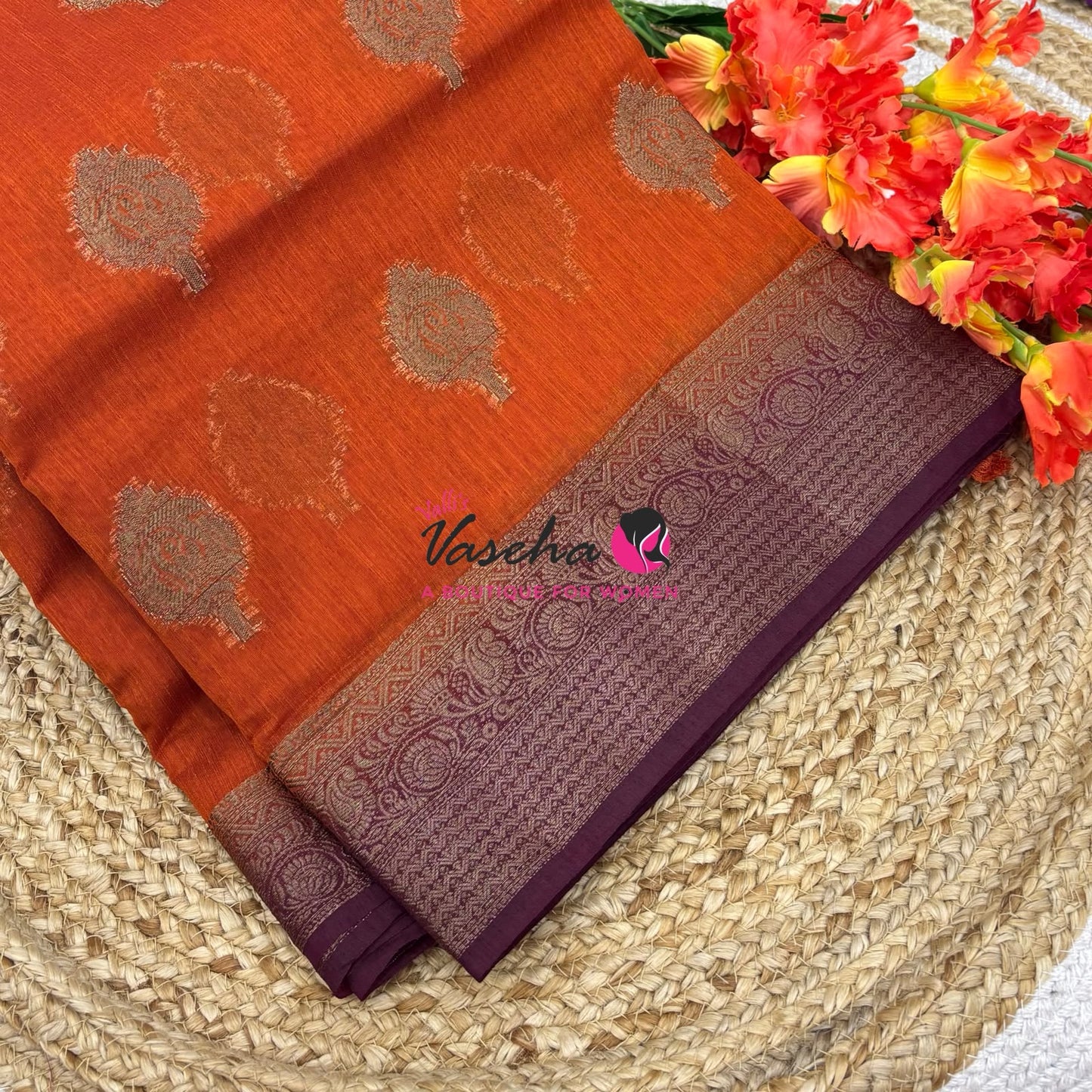 Bamboo Silk Saree - Rust Orange With Brown - VVBSS019