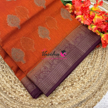 Bamboo Silk Saree - Rust Orange With Brown - VVBSS019