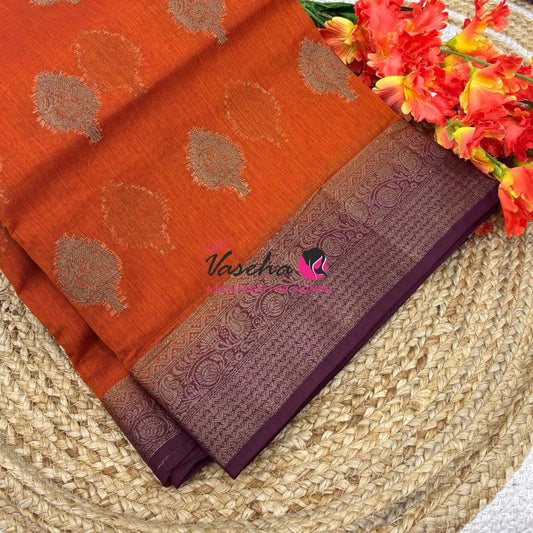 Bamboo Silk Saree - Rust Orange With Brown - VVBSS019