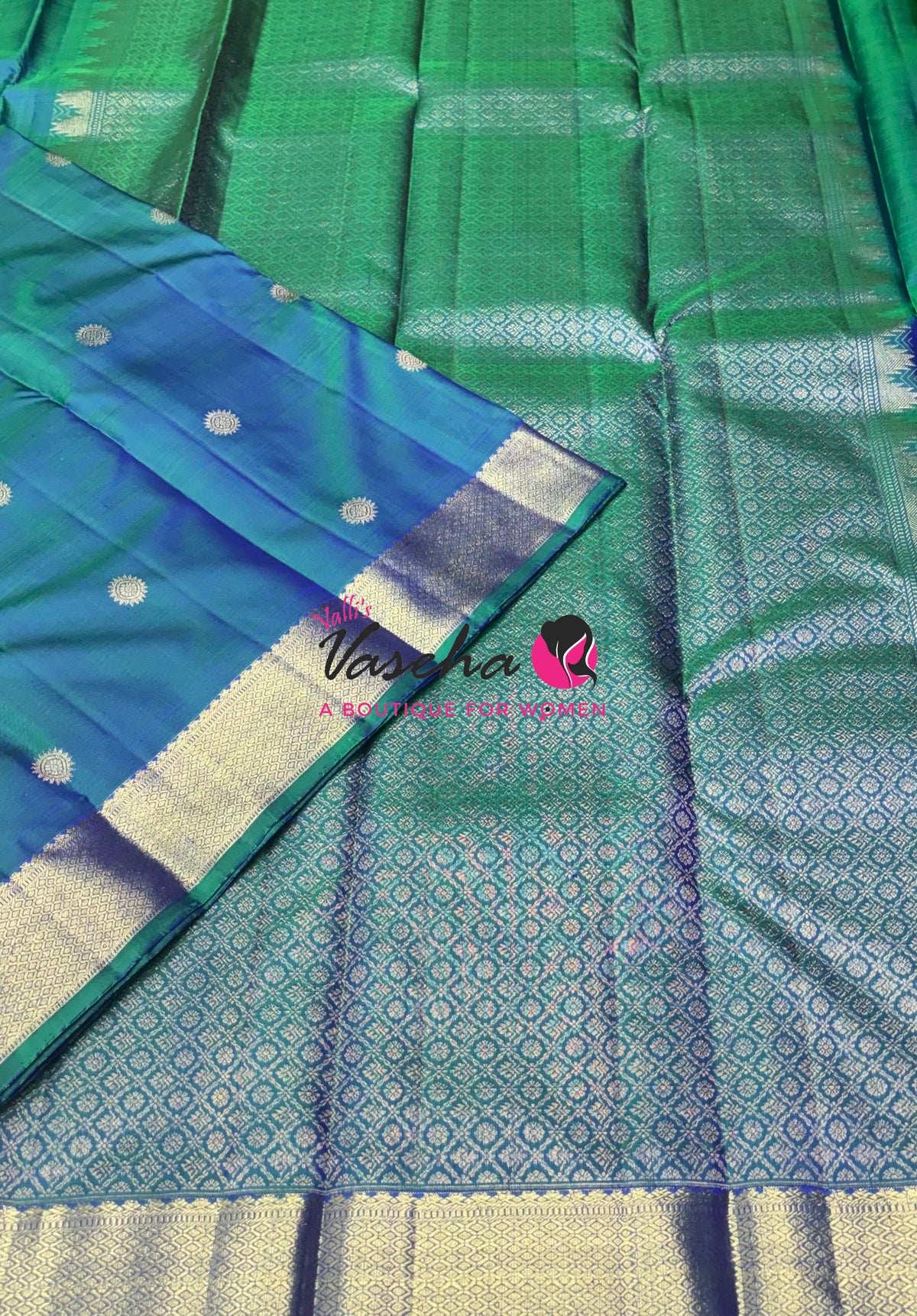 Pure Kanchipuram Silk Saree -  Peacock Blue Shade - VVPS093
