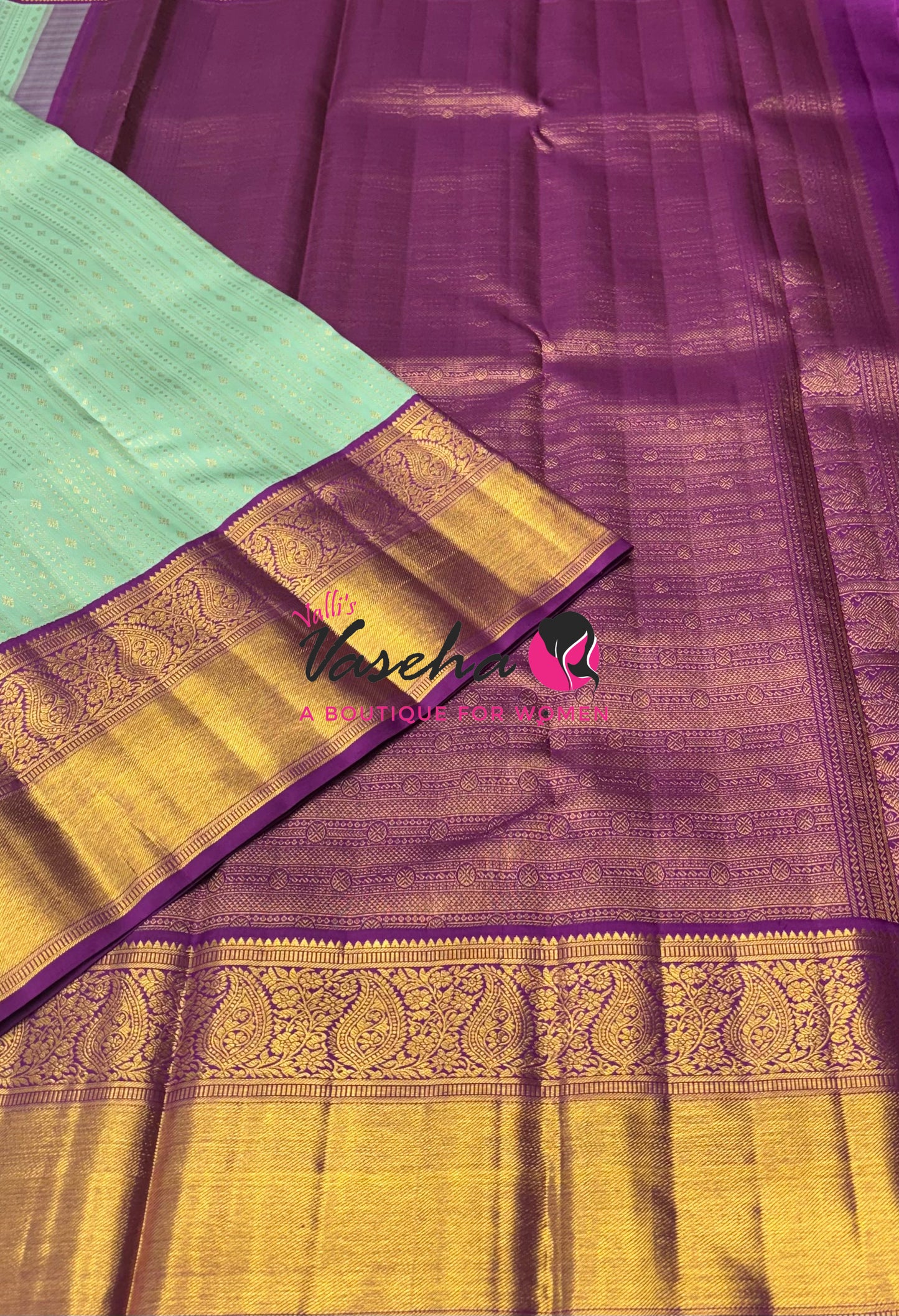 Pure Vintage Korvai Kanchipuram Silk Saree - Light Pastel Green & Purple Combo - VVPS038