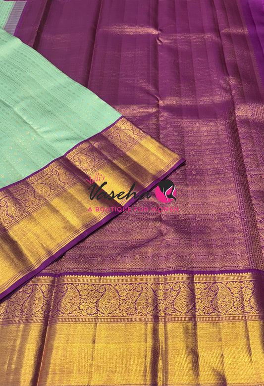 Pure Vintage Korvai Kanchipuram Silk Saree - Light Pastel Green & Purple Combo - VVPS038