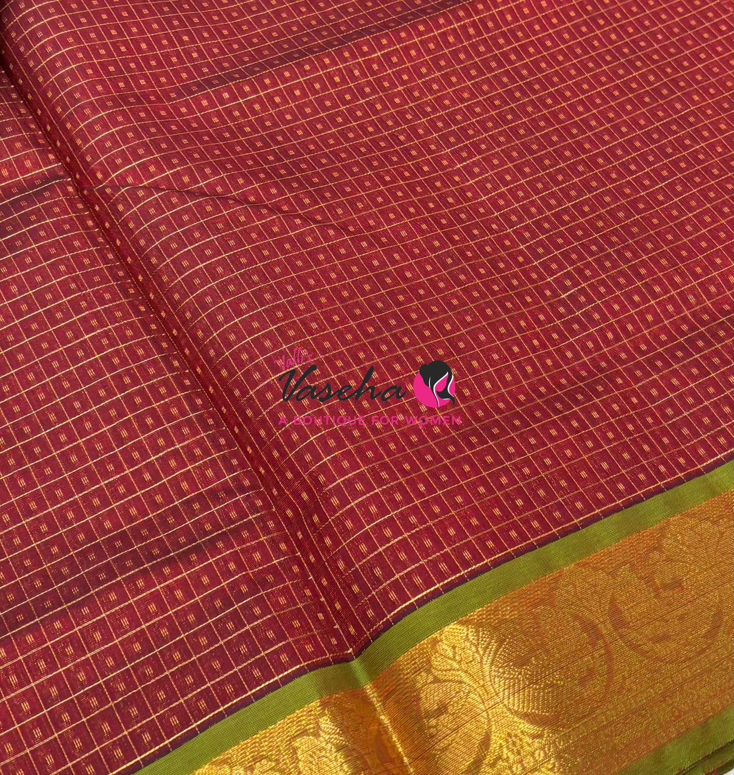 Pure Silk Cotton Saree - Maroon With Green - Lakshadeepam Design - VVPLD004