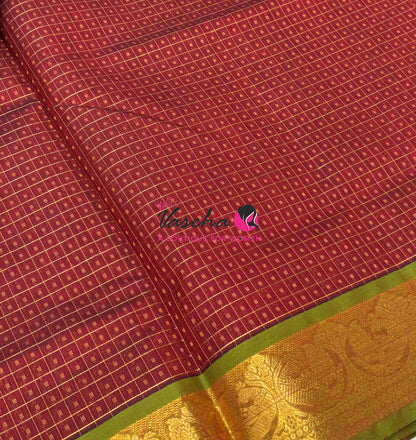 Pure Silk Cotton Saree - Maroon With Green - Lakshadeepam Design - VVPLD004