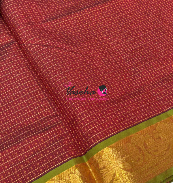 Pure Silk Cotton Saree - Maroon With Green - Lakshadeepam Design - VVPLD004