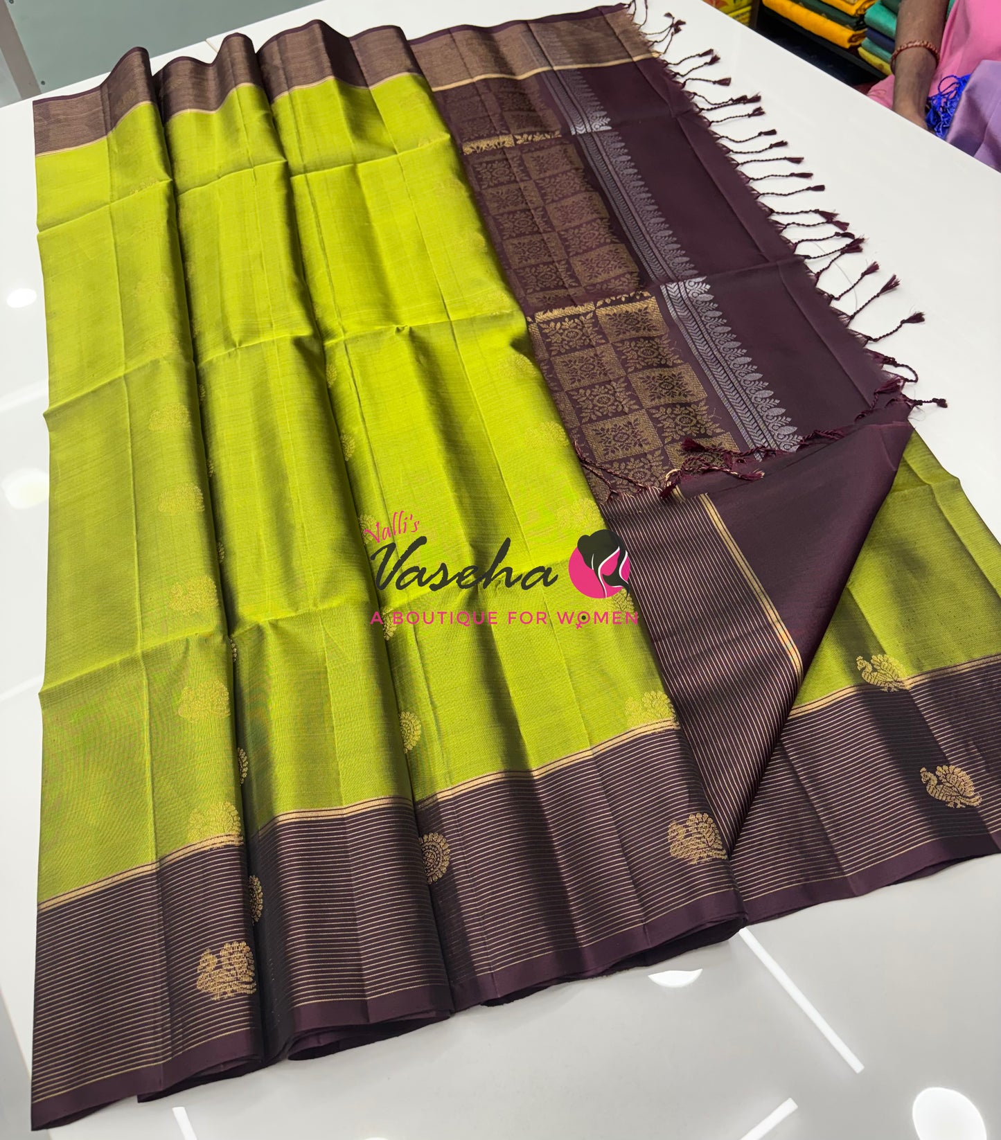 Pure Soft Silk Saree - Green with Brown - VVPSS071