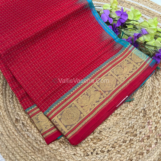 Pure Silk Cotton Saree - Red With Blue - Lakshadeepam Design - VVPLD001
