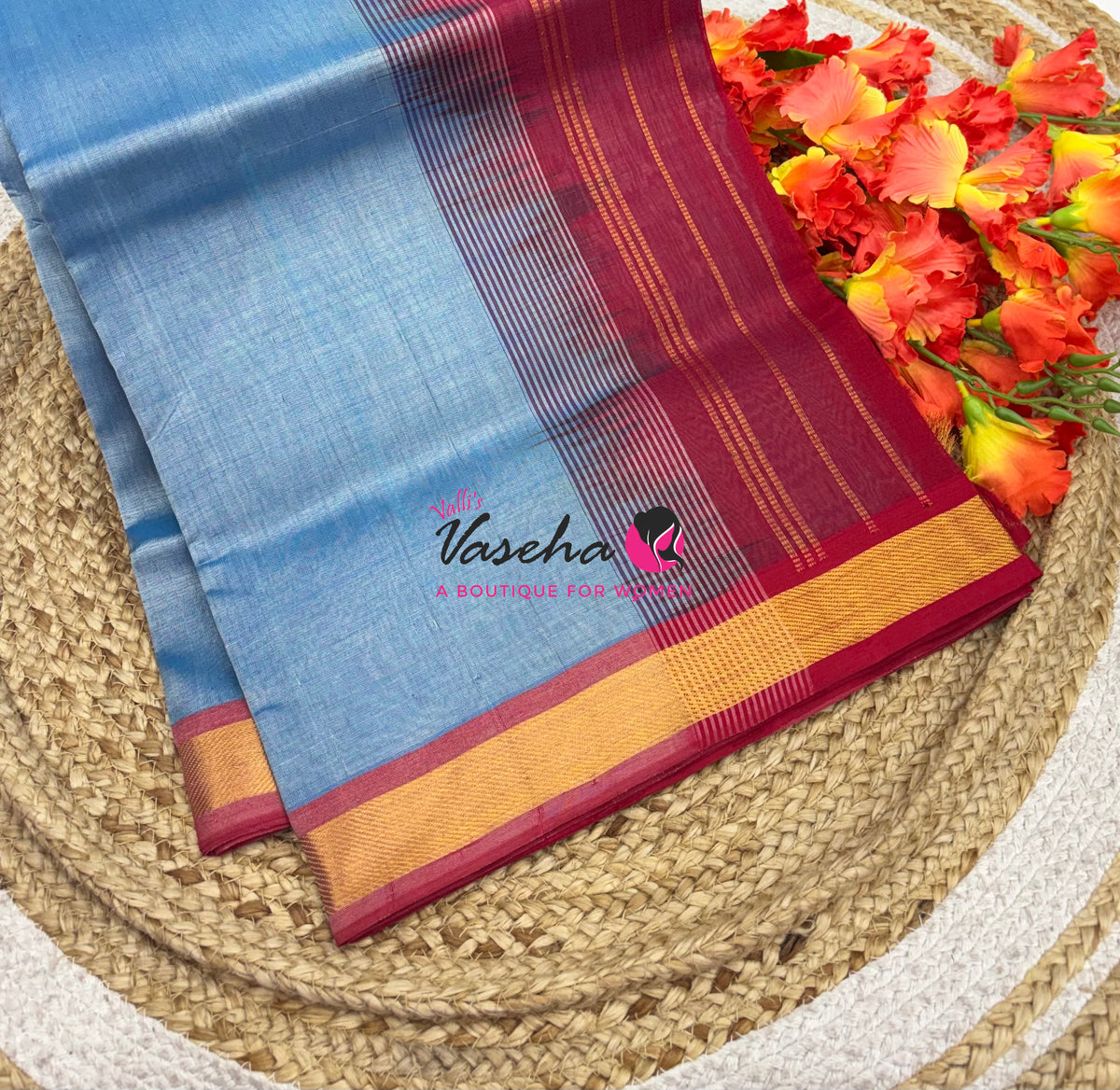 Pure Silk Cotton Sarees - Blue With Red - VVPSC003