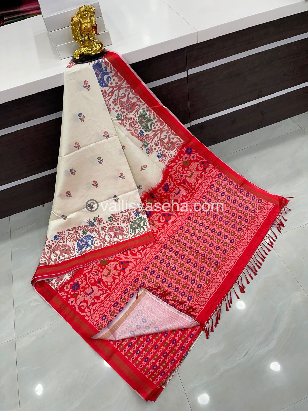 Semi Tussar / Semi Chappa Silk |Peacock Design | - Cream & Peachish Red Combo - VVSTS018