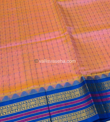 Pure Korvai Silk Cotton - Peach with Blue - VVKSC012