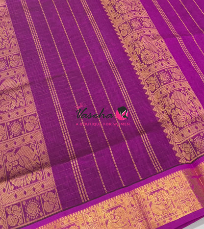 Pure Silk Cotton Saree - Dark Green With Purplish Pink - Lakshadeepam Design - VVPLD004