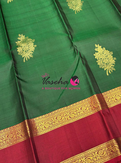 Pure Kanchipuram Silk Saree - Green & Merunish Red Shade  - VVPS022