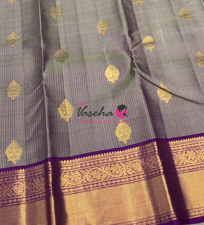 Pure Kanchipuram Silk Saree - Vairavoosi Design  - Dual Tone Grey & Purple Combo - VVPS059