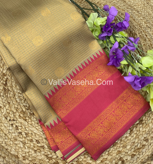 Kanchi Semi Silk - Mayil & Chakkaram design - Cream  with Pink - VVKSS001