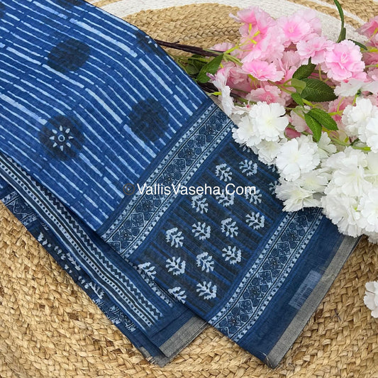 Linen Mixed Cotton Saree - Indigo Blue - Printed - VVLMP001
