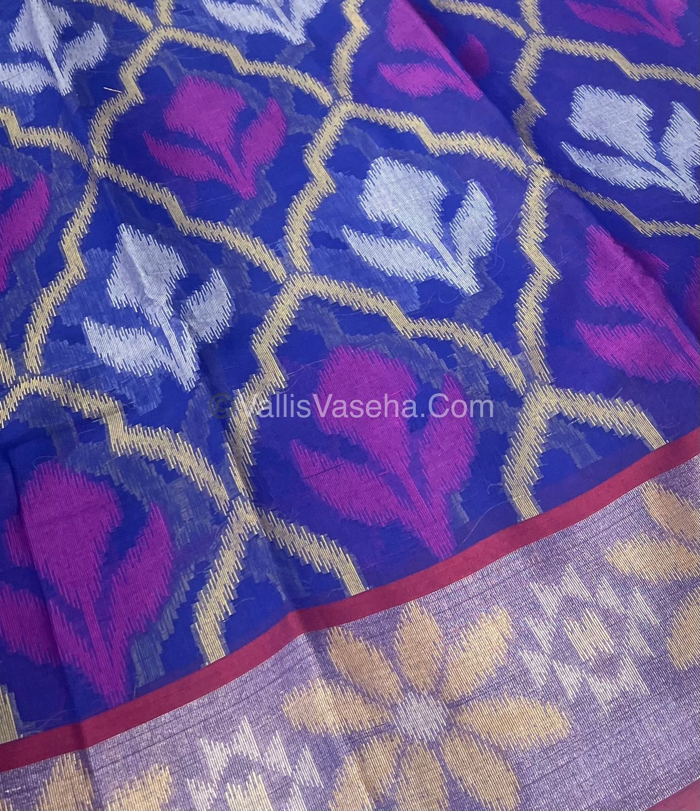 Banarasi Pochampally Weaving Semi Soft Cotton Saree - Blue with Merunish Pink - VVBPS001