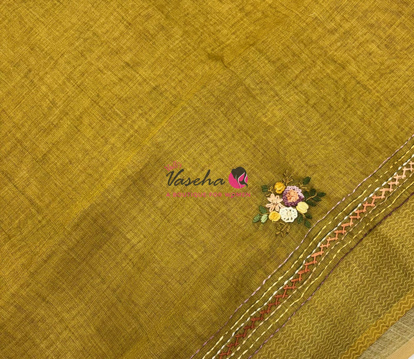 French Knot - Linen Tissue Saree - Mustard Greenish Yellow Shade - Heavy Work Blouse - VVLFN018
