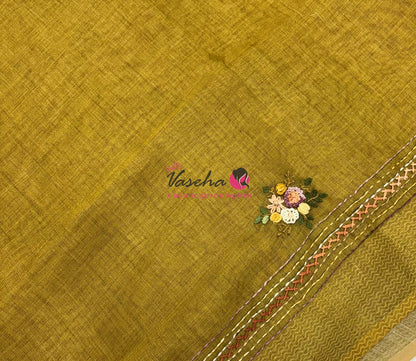 French Knot - Linen Tissue Saree - Mustard Greenish Yellow Shade - Heavy Work Blouse - VVLFN018