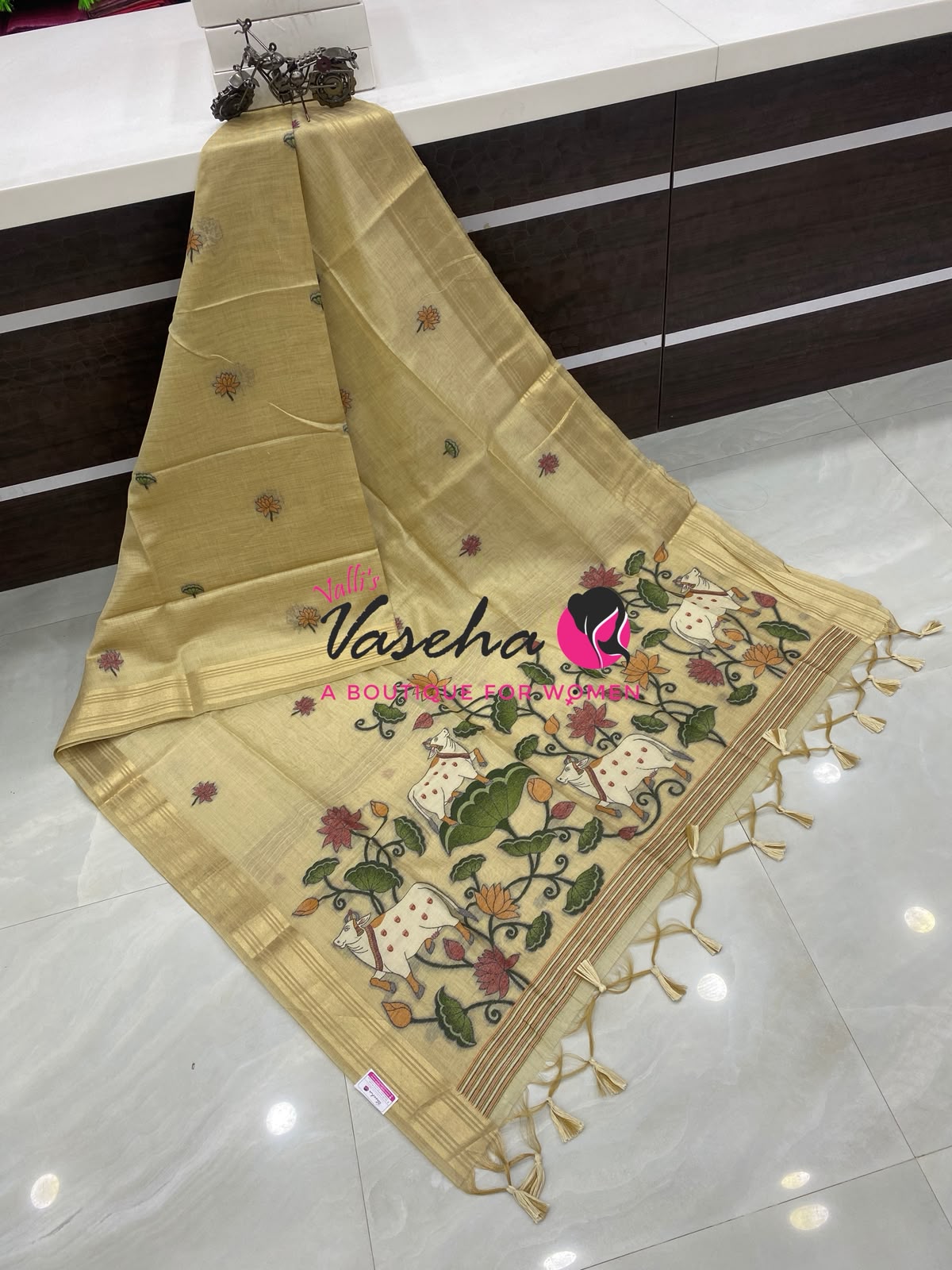 Muga Tissue Linen Saree - Cream  Shade - VVMLT003
