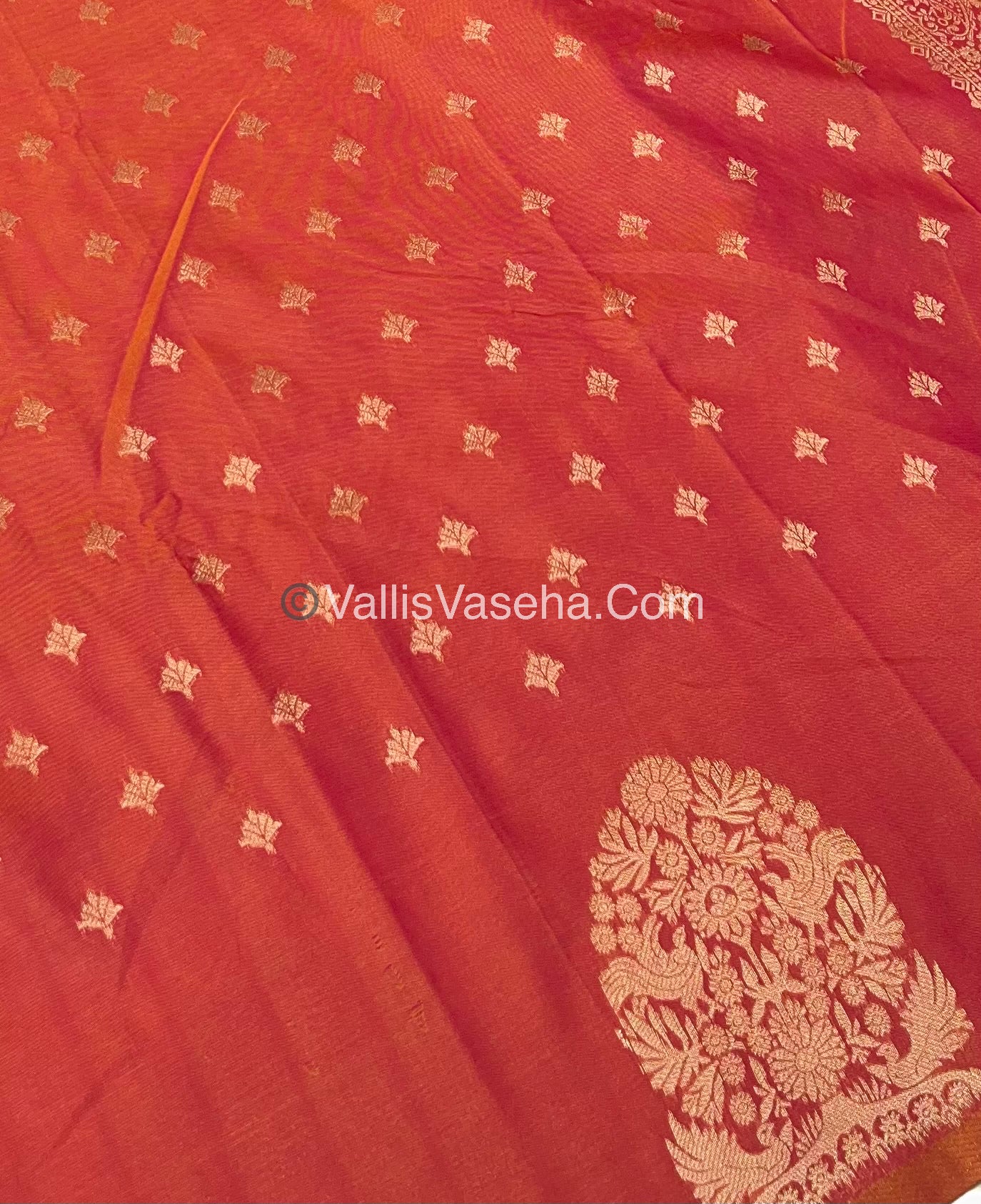 Semi Soft Silk - Tree With Double Birds Butta Border - Peachish Orange Shade -VVSSS011