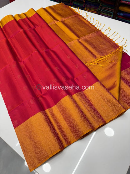 Pure Soft Silk Saree - Pinkish Red & Mango Yellow Combo - VVPSS042