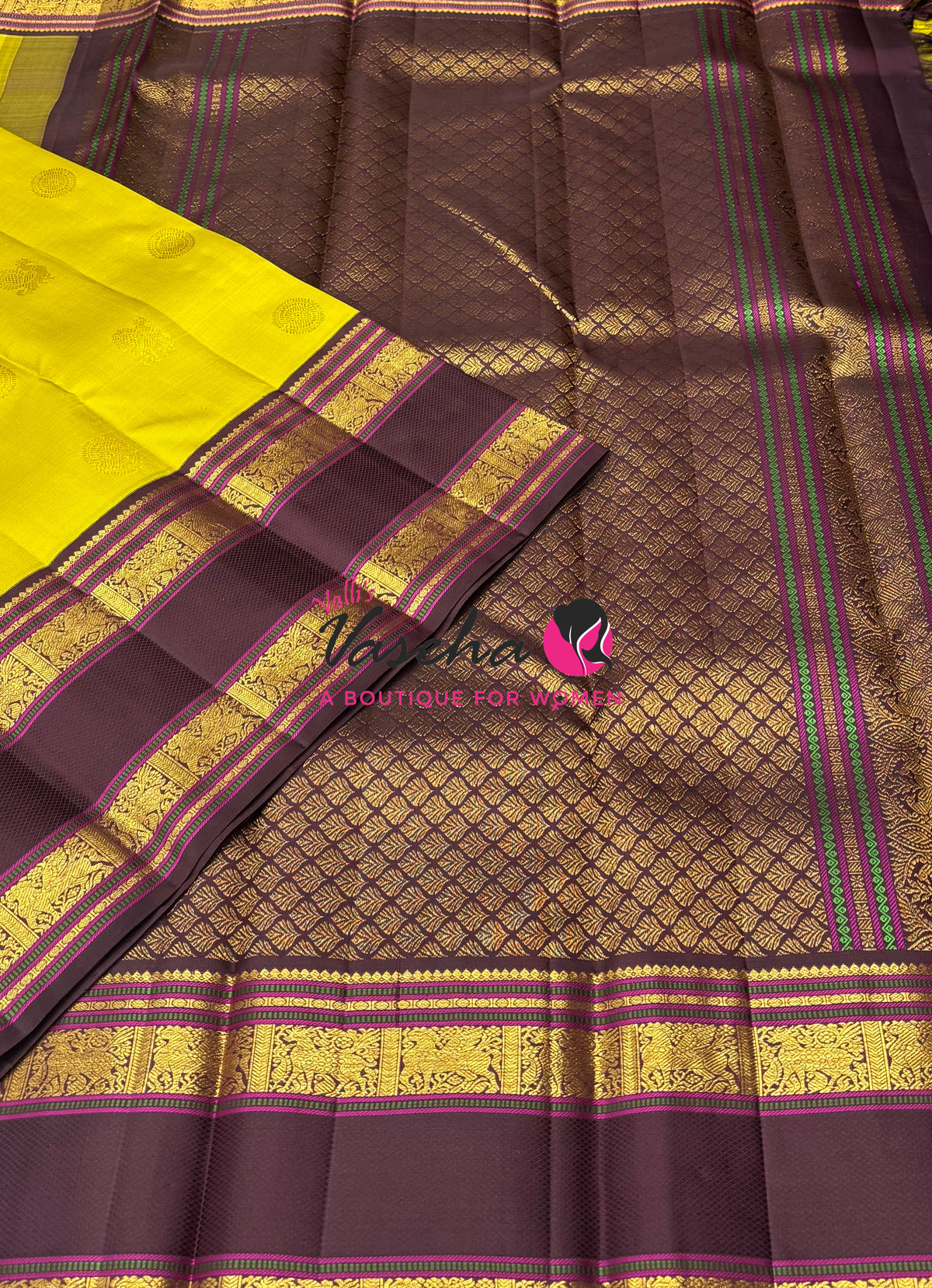 Pure Vintage Korvai Kanchipuram Silk Saree - Lemon Yellow With Wine Brown - VVPS102