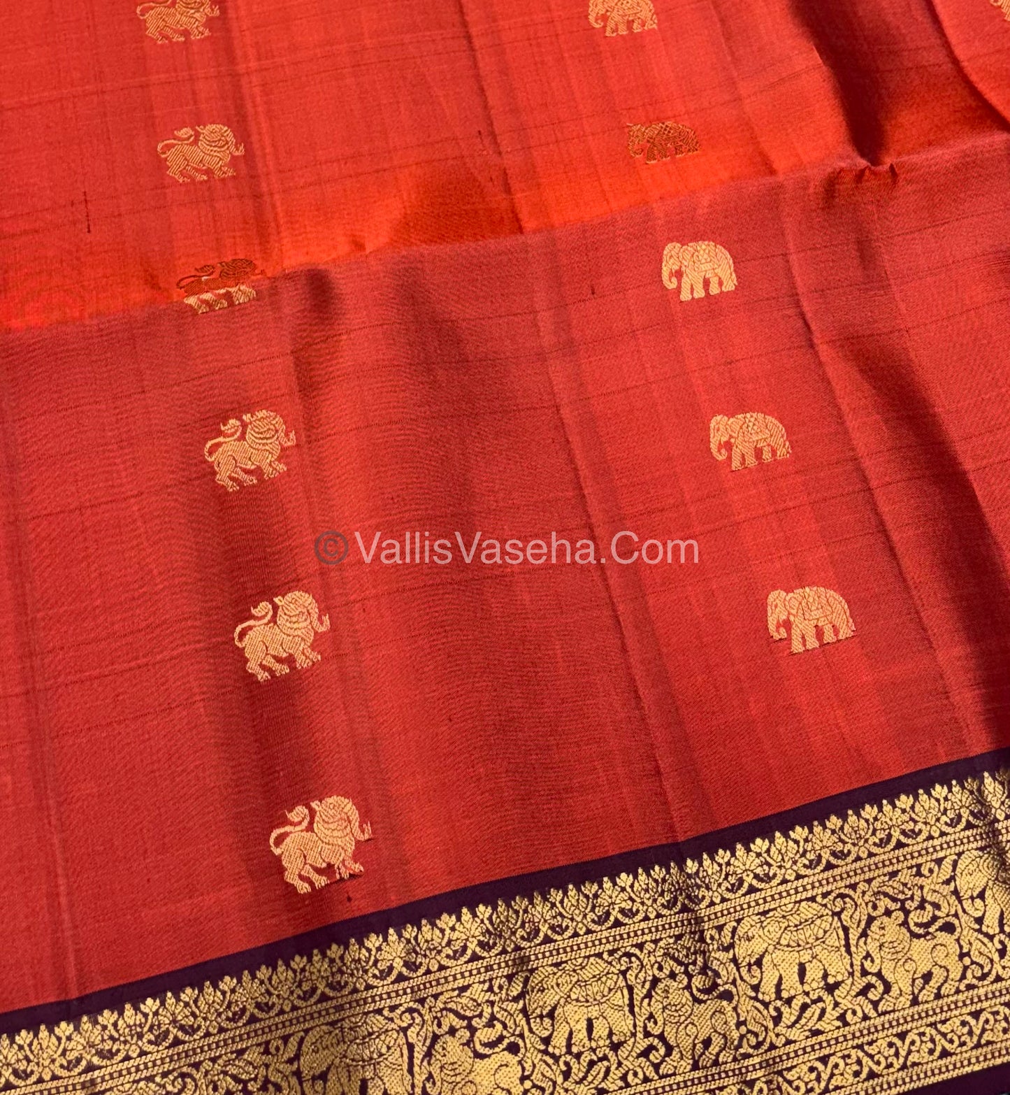 Pure Soft Silk Saree - Kanchi Border - Rust Orange With Wine Brown Shade - VVPSS015
