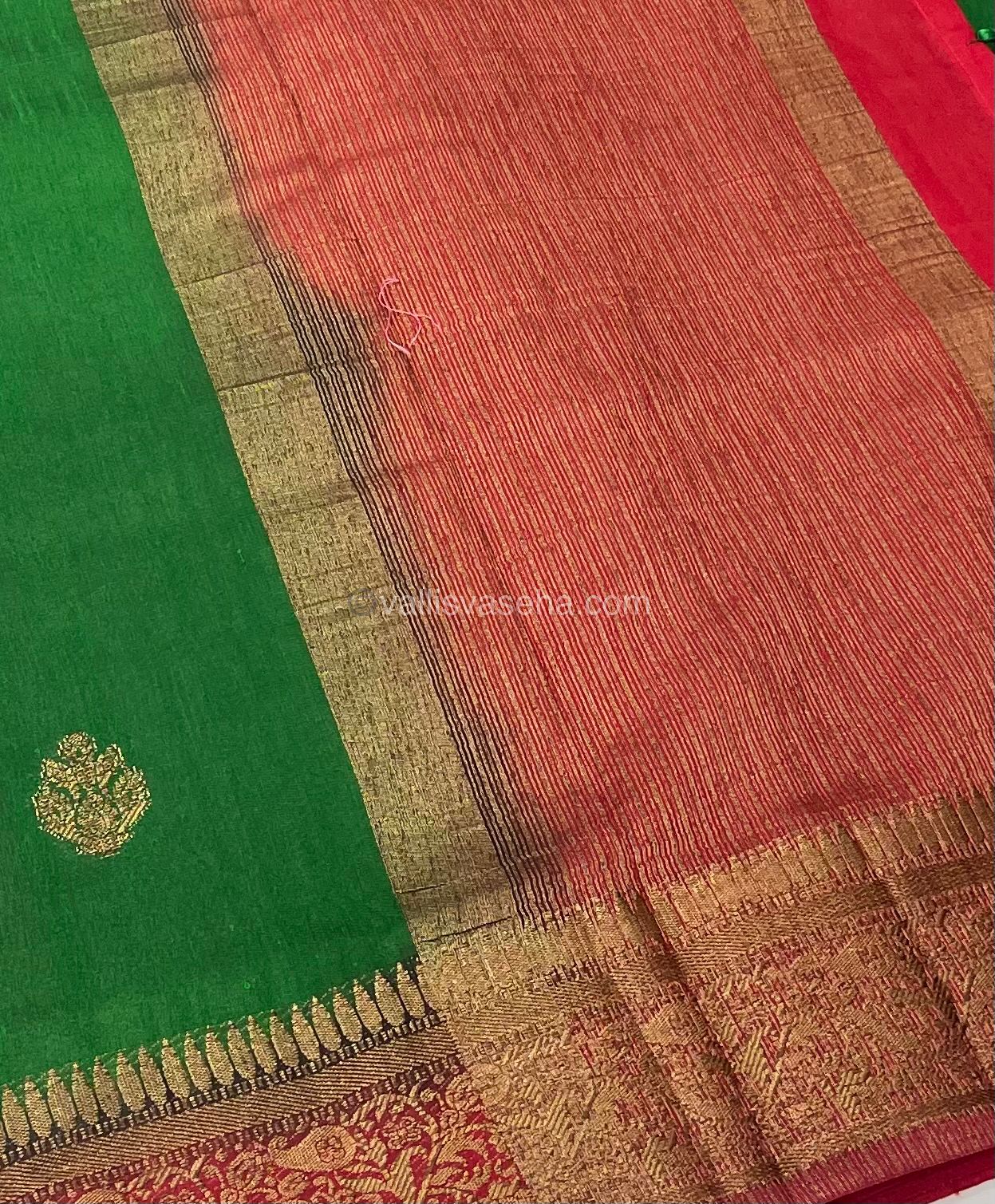 Bamboo Silk Saree - Dark Green With Red Shade - VVBSS001