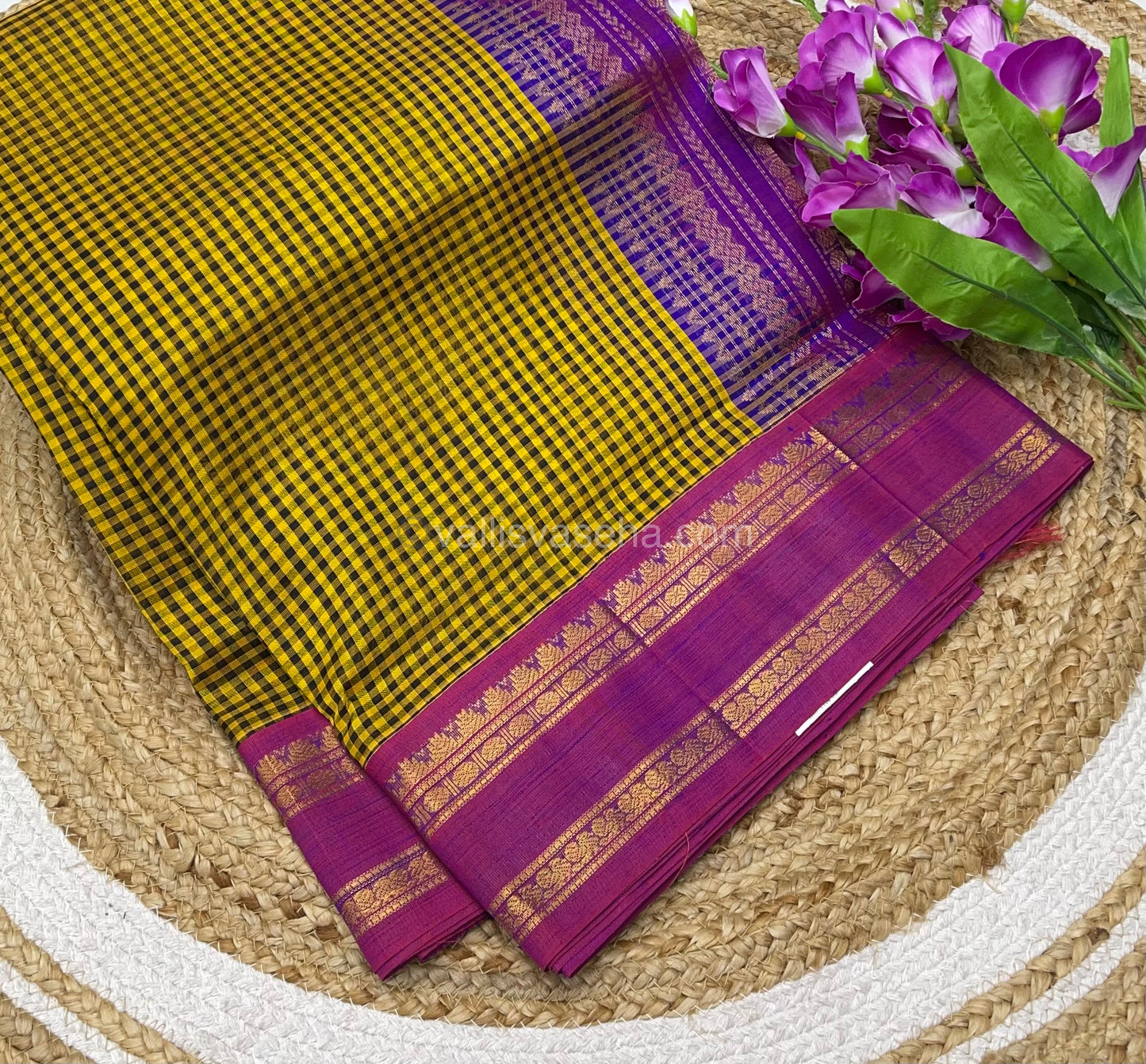 Pure Korvai Silk Cotton - Podi Kattam - Retta Petta Border - Lemon Green & Black with Purplish Pink - VVKSC005