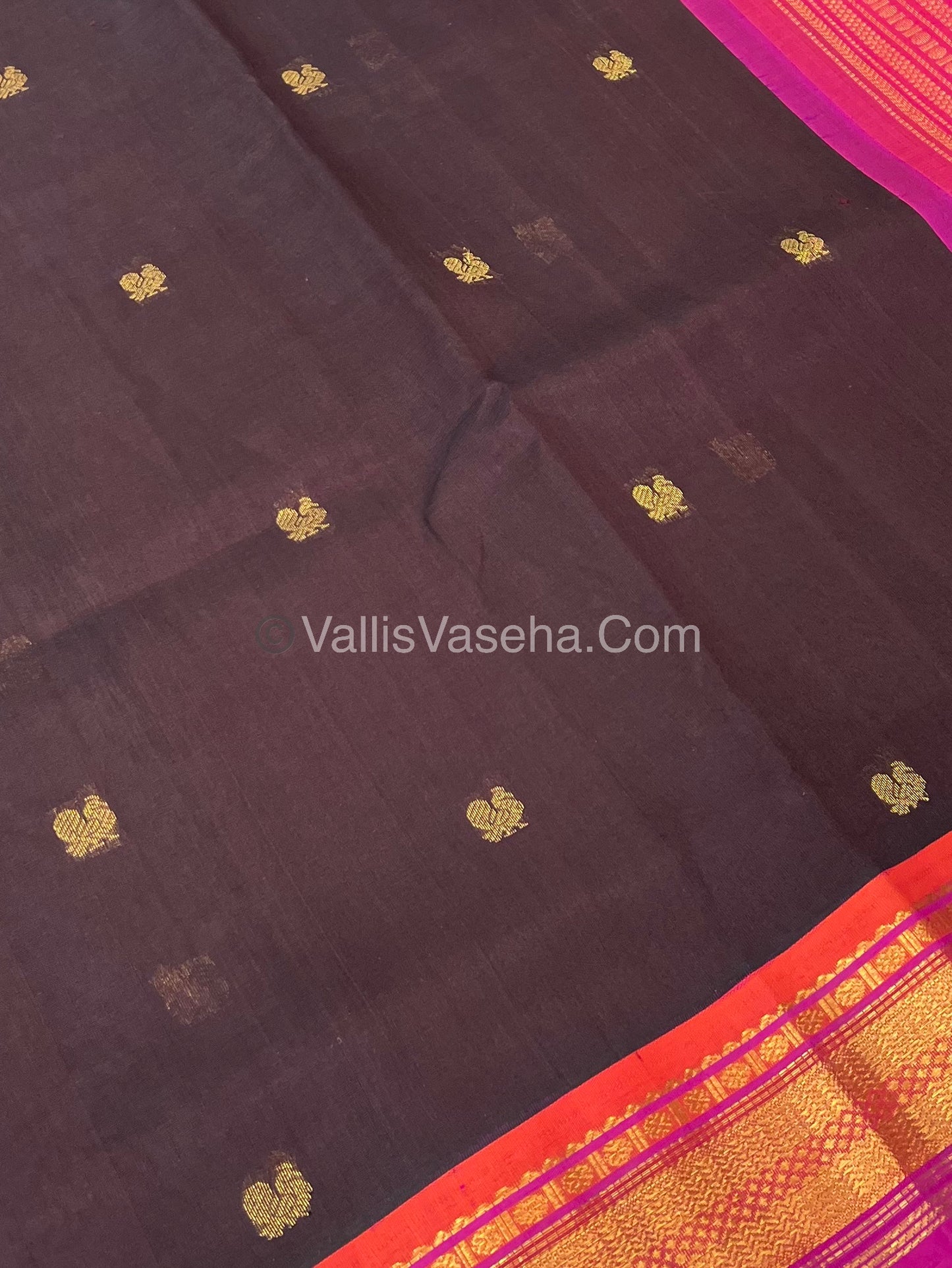 Pure Korvai Silk Cotton Saree - Brown with Peachish Pink - VVKSC004