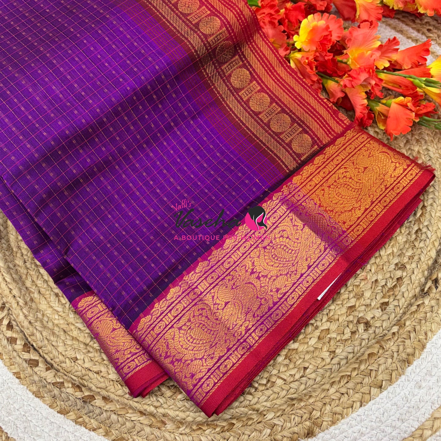 Pure Silk Cotton Saree -  Purple With Red - Lakshadeepam Design - VVPLD001