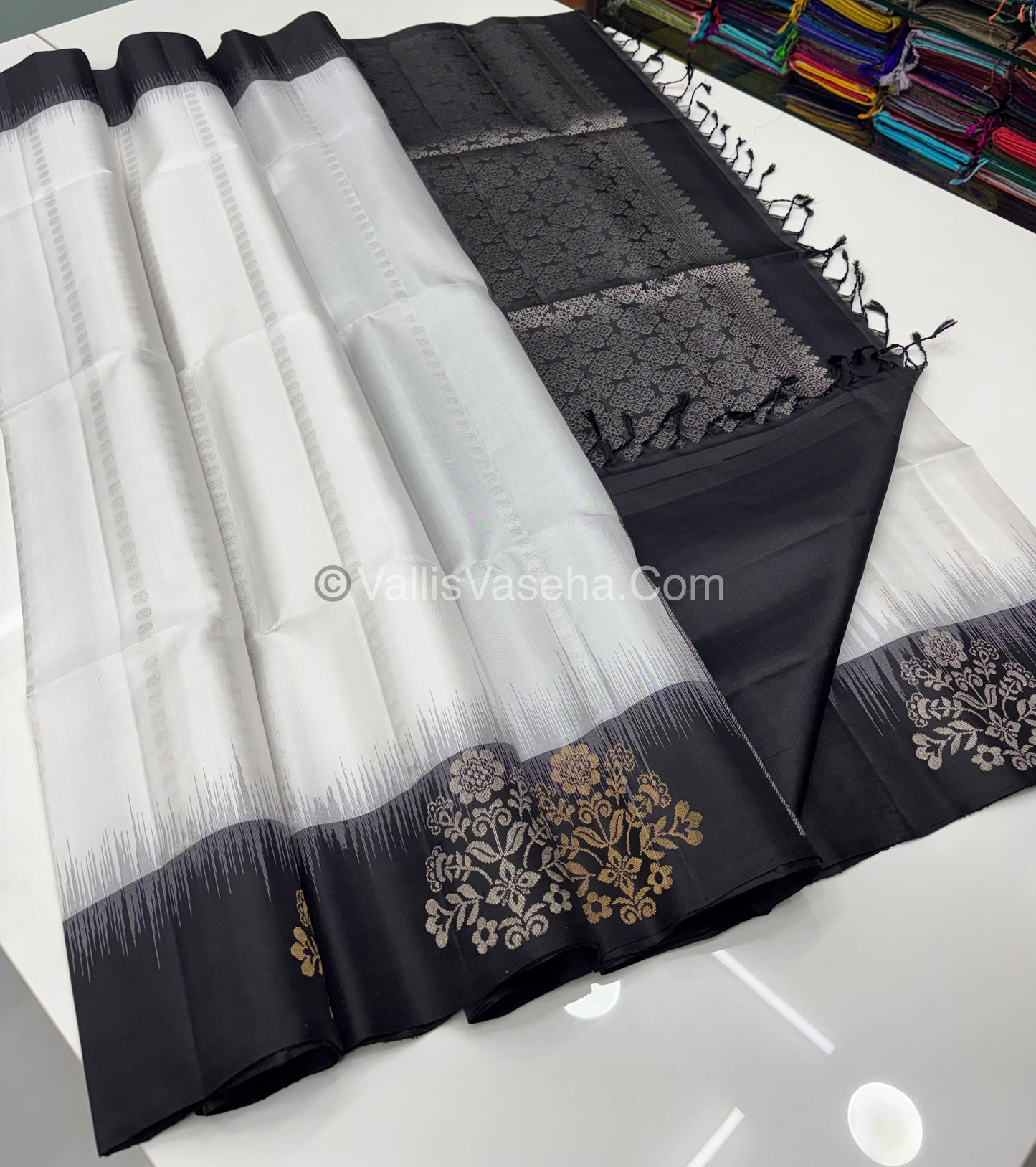 Pure Soft Silk Saree - White with Black - VVPSS067