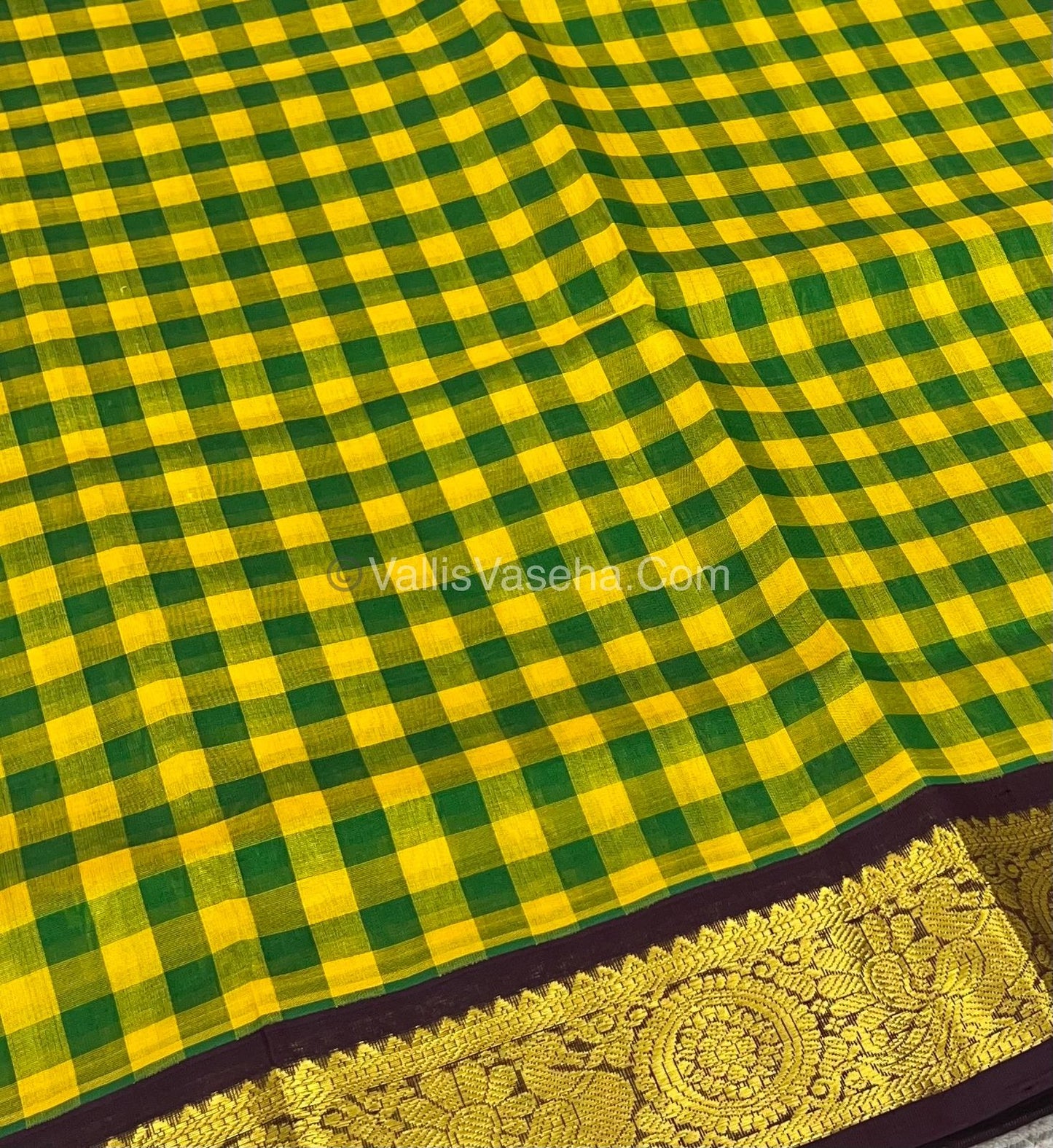 Pure Korvai Silk Cotton With Retta Petta Border - Green & Yellow kattam pattern with Wine Brown - VVKSC003