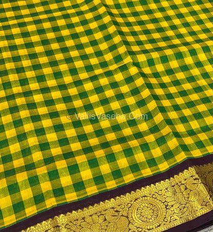 Pure Korvai Silk Cotton With Retta Petta Border - Green & Yellow kattam pattern with Wine Brown - VVKSC003