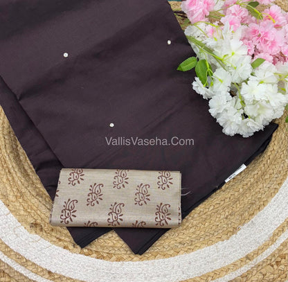 Poly Silk Mixed Cotton - Mirror Work Embroidery - Brown with Cream - VVPCM001