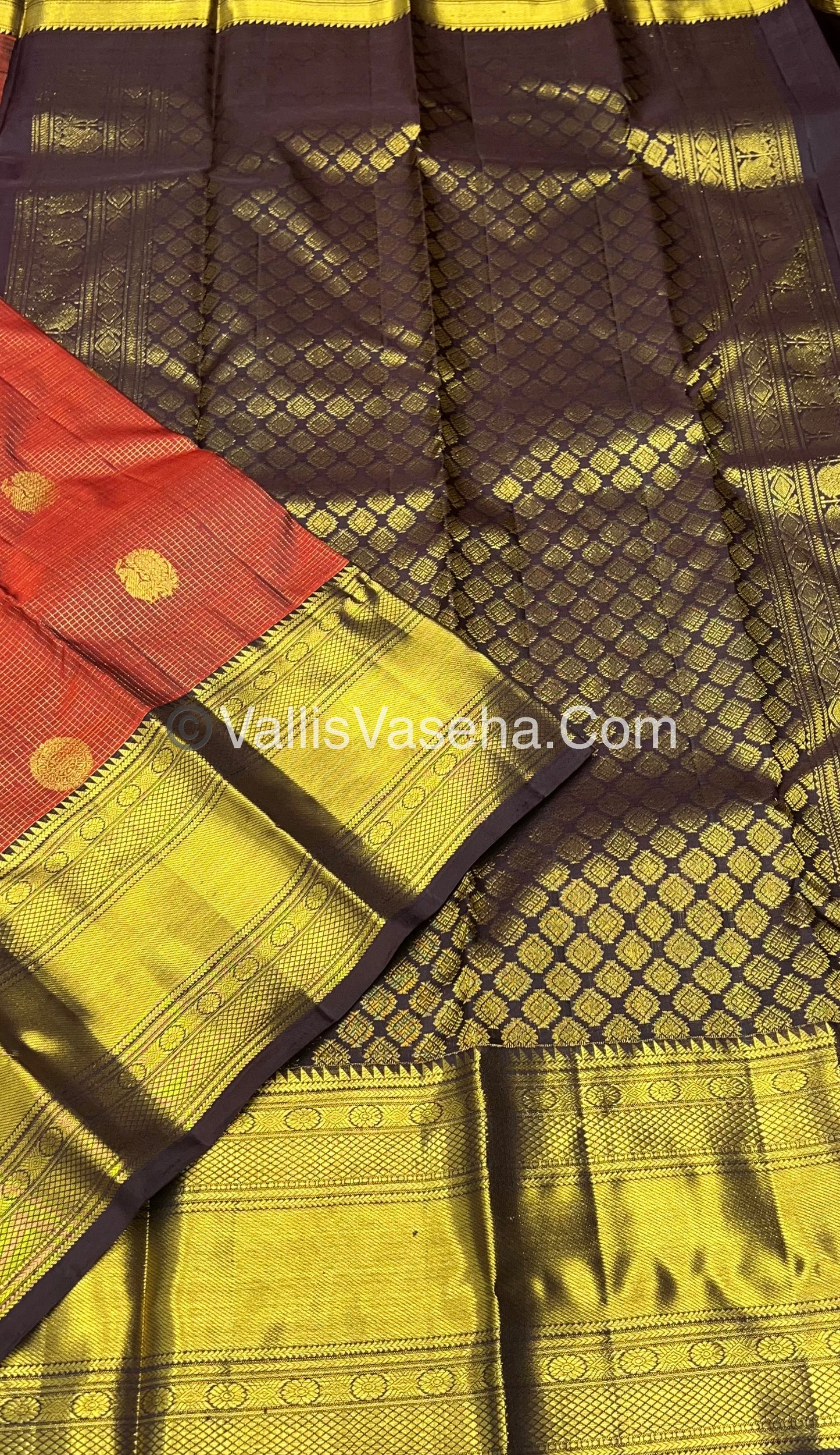 Pure Kanchipuram Silk Saree - Dark Rust Orange with Wine Brown Combo - VVPS012