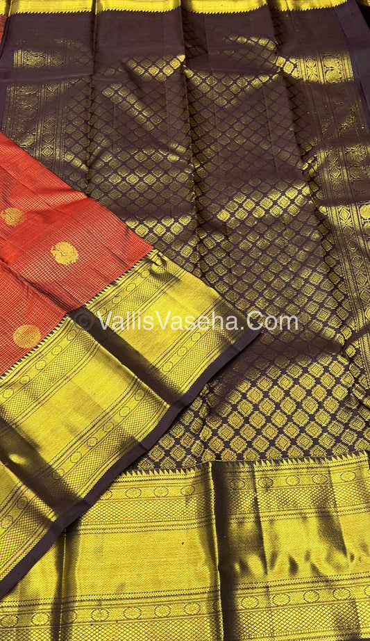 Pure Kanchipuram Silk Saree - Dark Rust Orange with Wine Brown Combo - VVPS012
